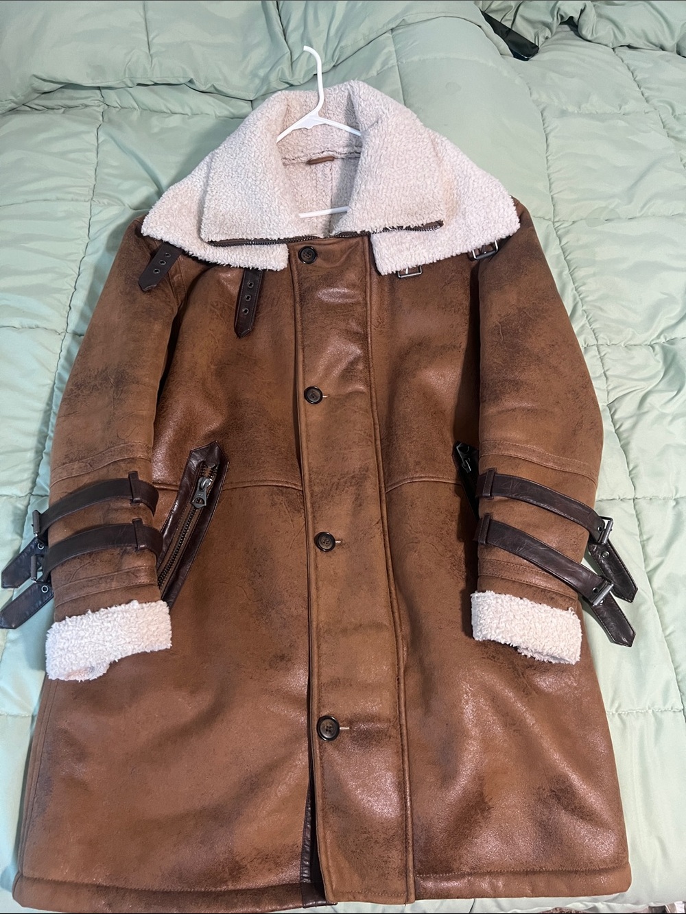Zara Brown Faux Shearling Aviator Coat with Cream Collar